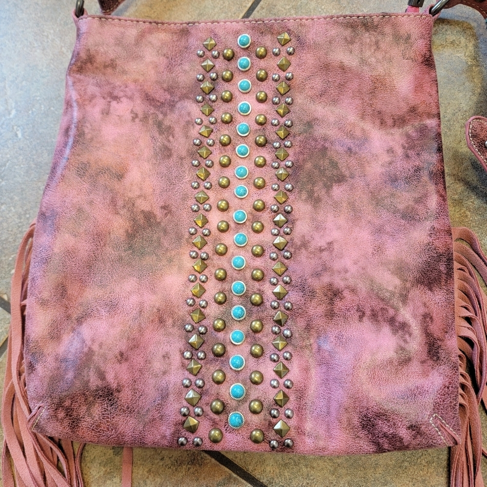 NWT Montana West Concealed Carry Pink Crossbody Turquoise, studs, Frindge - Picture 3 of 16